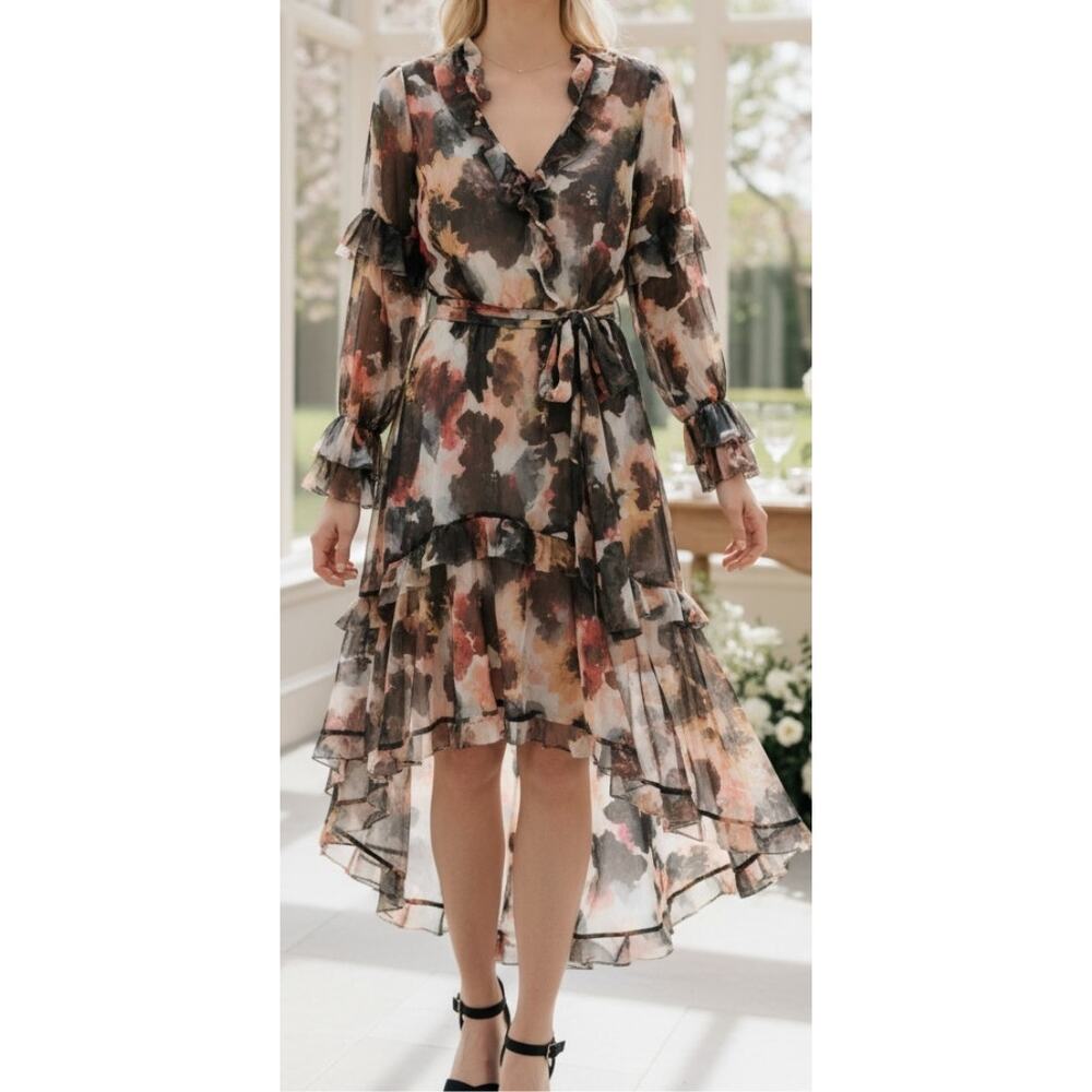 NWT MARCHESA ROSA DRESS WEDDING GUEST ABSTRACT FLORAL ASYMMETRIC MAXI SPRING